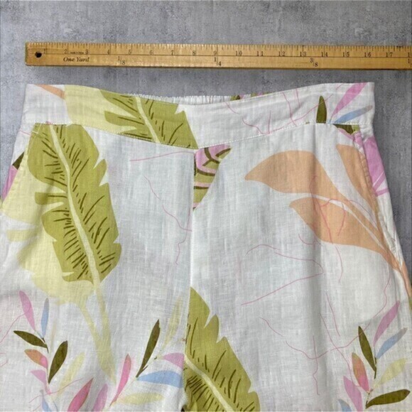 Cynthia Rowley Linen Pants Womens L Cream Tropical Print Wide Leg Crop Pull On - Picture 10 of 15